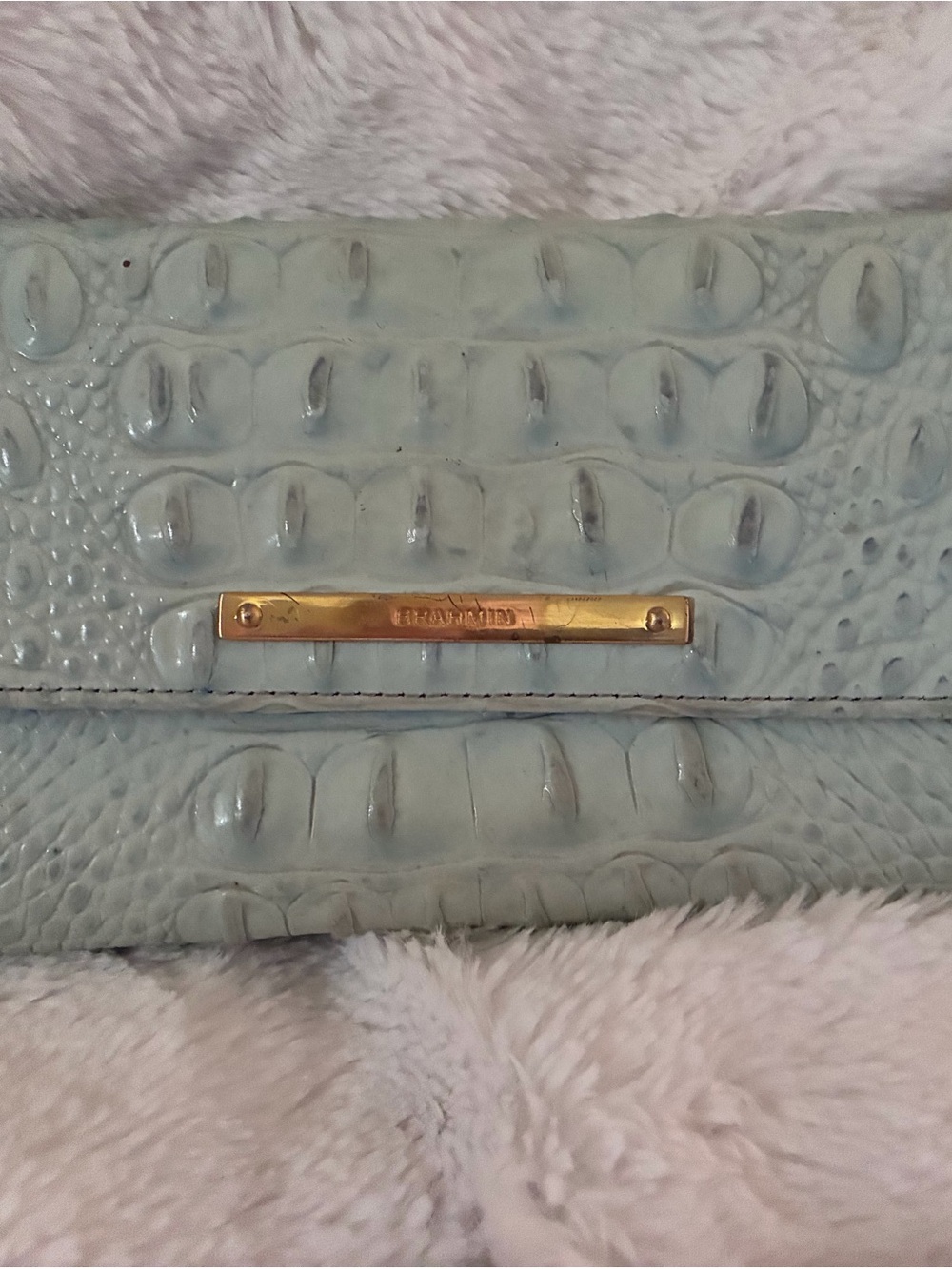 Brahmin Pale Blue Croc-Embossed Clutch with Gold Plaque